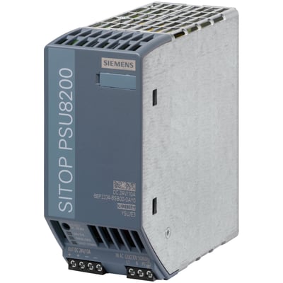 Siemens SITOP PSU8200 strømforsyning, grå med hvid tekst, 24V DC output, 120/230V AC input.