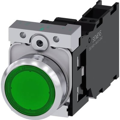 Siemens belyst trykknap med rund, grøn flade og metalring, set skråt forfra med sort kontaktmodul bagpå.