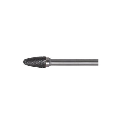 Ironside rotationsfil i hårdmetal, 20 x 10 mm, med træformet skærehoved med rund top og et langt metalskaft.