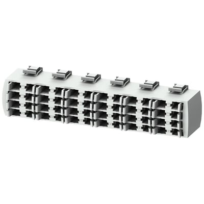Siemens SENTRON 5ST2 samleskinne med 4 faser og 12 moduler, fremstillet i hvidt plast med synlige kontakter og mærkninger.