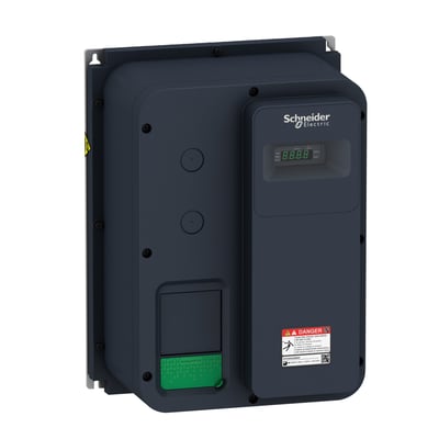 Detaljeret frontvisning af Schneider Electric ATV320 frekvensomformer, 0,55kW, IP66, med synligt advarselsskilt og grønt trykknap-element.