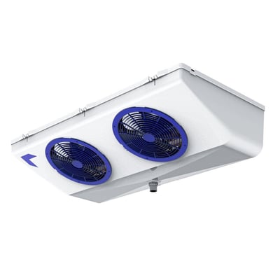 Friga Bohn AZUR M 135 R fordamper i hvidt kabinet med to blå ventilatorgitre, set skråt nedefra.