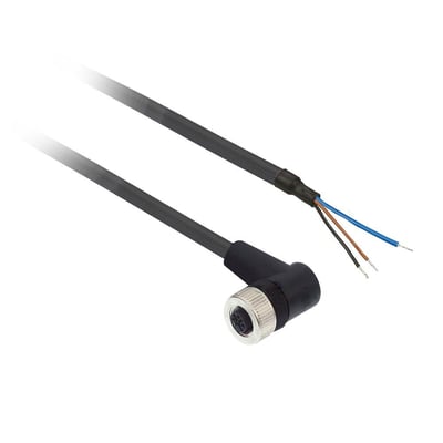 Schneider Electric 3-polet M12 vinklet hun sensorkabel med 5 meter PUR-kappe, enden er afisolerede ledninger.