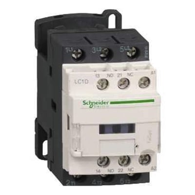 Schneider Electric TeSys D kontaktor LC1D med 3 poler, 9A, 42V, 1NO+1NC hjælpekontakt, hvid og sort.