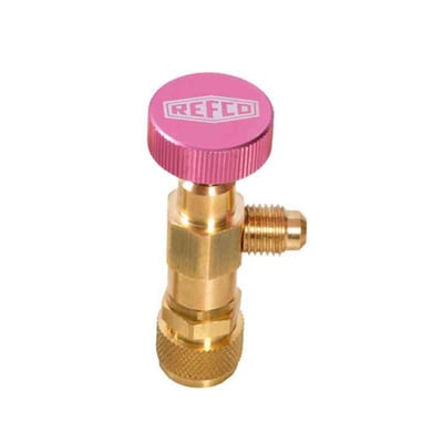 Refco serviceventil A-38410 i messing med pink anodiseret top, 1/4" SAE x 5/16" SAE gevind og riflet greb.