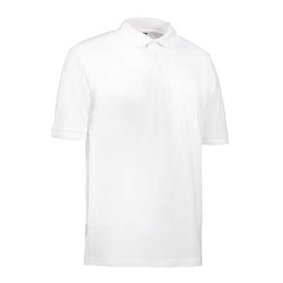 ID Identity klassisk hvid poloshirt i piquékvalitet, størrelse S, med brystlomme og ribdetaljer på krave og ærmer.