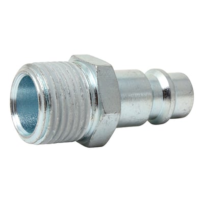 Koblingsnippel med 3/8" udvendig gevind og udvendig trykluftkobling, lavet af overfladebehandlet maskinstål.