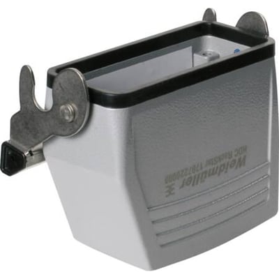 Weidmüller HDC kabelhus størrelse 6 med 1xM25 top-udgang og én låsebøjle i sølvgrå metal.