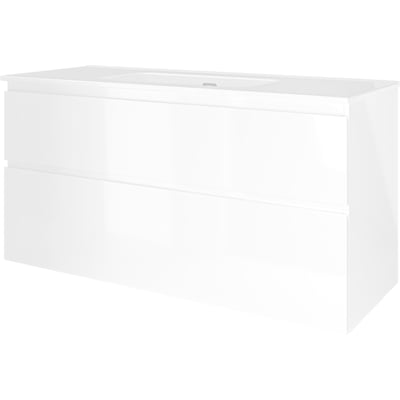 Sanibell Proline møbelsæt i hvid højglans, 121x46cm, med to integrerede softclose skuffer og hvid vask.