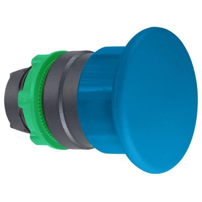 Fuldstændigt Schneider Electric ZB5AC6 paddetryk i blå kunststof med 40mm diameter og fjederretur, isoleret på hvid baggrund.