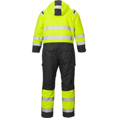 Kansas Fristads Hi-Vis vinterkedeldragt i gul og sort med reflekser, str. 3XL, set bagfra med hætte.
