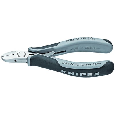 Detaljebillede af Knipex elektronik-skævbider ESD, der viser de grå og sorte greb samt mærkningerne.