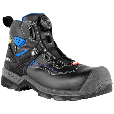 Jalas Heavy Duty 1278 S3 sikkerhedsstøvle i sort PU-behandlet læder med BOA-lukkesystem og blå detaljer.