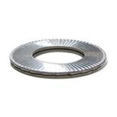 Nærbillede af en samlet Nord-Lock® SFA4 sikringsskive til 30 mm bolte, der fremviser den ribbede overflade og låsemekanisme på en hvid baggrund.