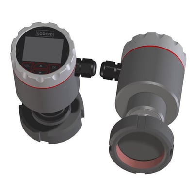 Siemens Pascal CI4 transmitter med bagudvendt tilslutning og 1,5" SMS-tilslutning, vist med display og M16 forskruning.