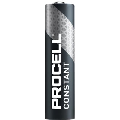 Et enkelt Duracell Procell AAA batteri med sølvfarvet mønster og sort baggrund, som viser teksten PROCELL og CONSTANT.