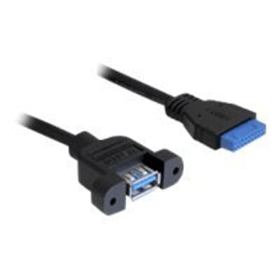 Delock USB 3.0-kabel med hun-pinheader og USB-A-hunstik, vist med sort kabel og blå stikdetaljer.