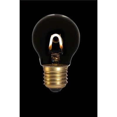 Danlamp kronepære 1 W/822 med E27-fatning, rund glaskuppel og synligt varmt lysende LED-element.