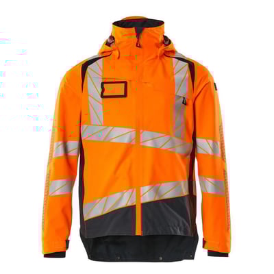 Mascot Hi-Vis skaljakke i orange og mørk marinefarvet polyester med reflekser og aftagelig hætte.