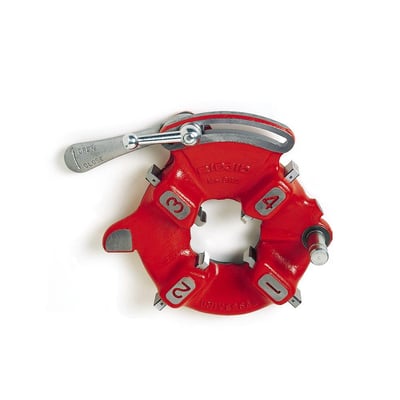 Nærbillede af Ridgid 811A skærehovedet, der viser de markerede bakker til forskellige rørstørrelser 1, 2, 3 og 4.