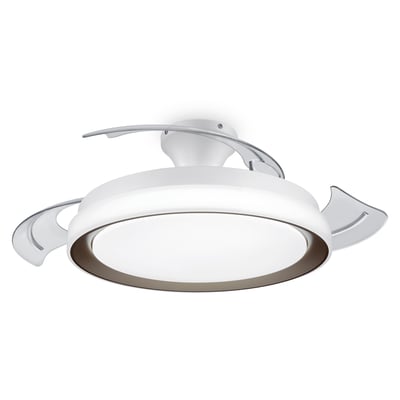 Philips Lighting Bliss loftventilator i hvid med gennemsigtige, buede vifter og en lysende LED-ring med gylden kant, isoleret på hvid baggrund.