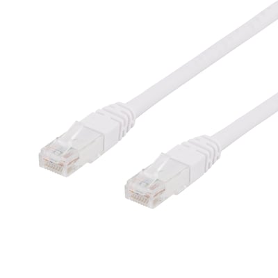 Deltaco U/UTP Cat6 patch kabel på 1.5 meter i hvid LSZH med støbte RJ45-kontakter på isoleret baggrund.