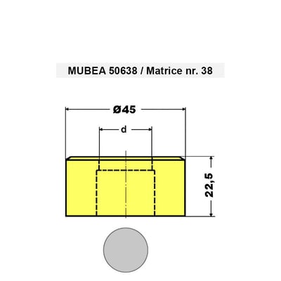Teknisk tegning af Mubea matrice nr. 38 med angivet udvendig diameter på 45mm og højde på 22,5mm.