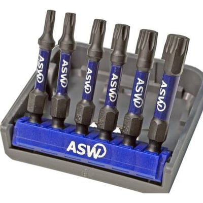 ASW slagbitssæt med seks torx bits (T10-T40) arrangeret i en blå plastikholder.