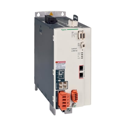 Schneider Electric Lexium LXM52 enkeltdrev med 72A og 400V. Den viser forskellige tilslutninger, advarselsetiketter og modelnavn på enheden.