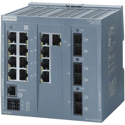 Siemens SCALANCE XB213-3 industriel switch med 13 RJ45 porte og 3 fiberporte, fremviser produktets frontpanel med porte og mærkater.