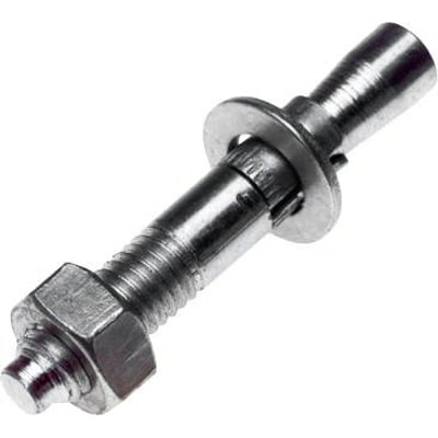 Expandet gennemstiksanker på 8 x 50 mm, el-forzinket, med synlig skive og møtrik, set skråt fra siden.