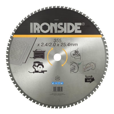 Ironside rundsavklinge til stål med 80 MTCG-tænder og diameter på 355 mm, set forfra med sort og sølvfarvet skive.