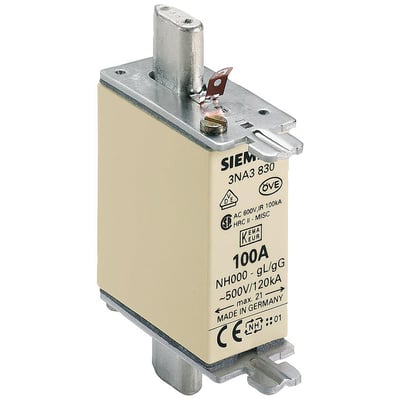 Siemens LV HRC sikringselement NH000, 100A, gG, 500V. Detaljeret visning af den beige keramik sikring med mærkeplade.