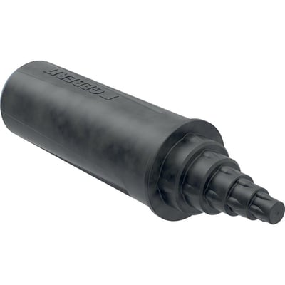 Sort Geberit FlowFit kalibreringsværktøj til 50-75mm rør, vist fra siden med en tydelig Geberit logo indgravering.