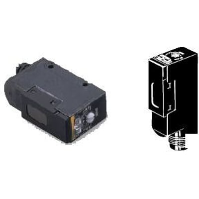 Omron E3S-R86 fotoelektrisk sensor i sort plast med M12 plug-in, vist både i perspektiv og silhuet.