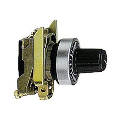 Schneider Electric potentiometer greb ZB4BD912, et sort greb med 22mm diameter og sølvfarvet metalring, vist fra siden på hvid baggrund.