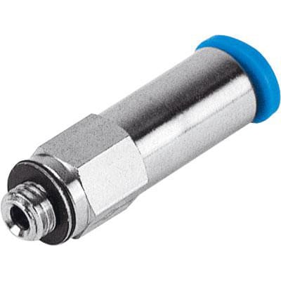 Festo lige forskruning QSK-M5-4 med M5 han-gevind, push-in fitting og selvafspærrende funktion. Den har en blå kappe og metalfinish.