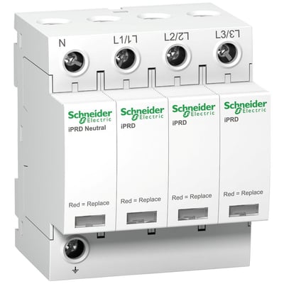 Schneider Electric overspændingsafleder A9 iPRD 8 3PN 350V med fire moduler mærket N, L1, L2, L3 og 'Red = Replace' indikator.