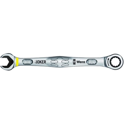 Metrisk Wera Joker ringskraldenøgle 10mm, med grøn markering ved gaflen og gul markering ved ringsiden. Sort baggrund.