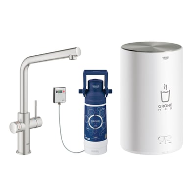 GROHE Red II Duo køkkenarmatur med L-tud i Supersteel samt M-kedel og filter.