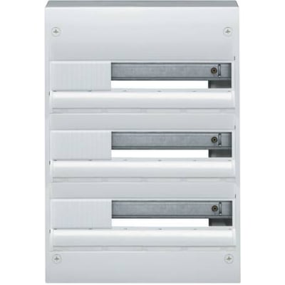 Nærbillede af Hager Gamma gruppetavle GD318B, viser DIN skinner og plads til 18 moduler pr. række, hvid RAL 9010.