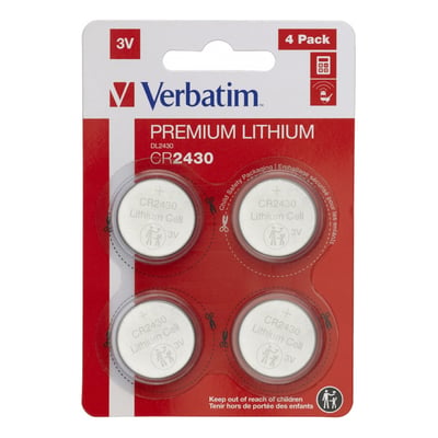 Verbatim CR2430 3V lithium knapcellebatterier i en 4-pak. Emballagen er rød med tydelig branding og produktinformation.