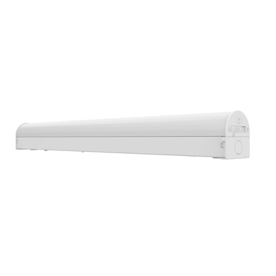 Hvidt Ledvance Batten Combo Multi Select påbygningsarmatur set skråt med aflangt armaturhus og indstilling ved enden, 600 mm og 18 W.