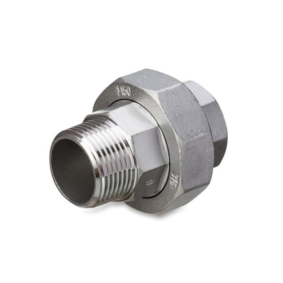 Union muffe/nippel i rustfrit stål 316 med flad tætning og PTFE, 3/4" gevind og 20 bar tryk.