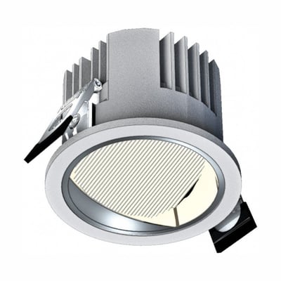 SpectrumLED MODEL M facadebelysning på 20 W ses skråt forfra med rund, hvid front, kølelameller og monteringsclips.