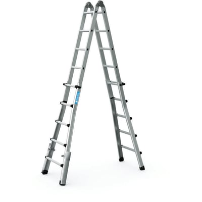 Zarges Variotec V kombistige udstillet som en A-formet stige, der viser dens 4x5 trin og aluminiumskonstruktion i et rent studieopstilling.