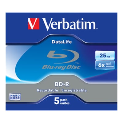 Emballagen til Verbatim BD-R SL Datalife Blu-ray-skiver med 25 GB kapacitet, 6x hastighed og 5-pak.