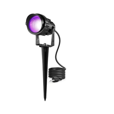 Sort UV 395nm LED projektør med 10W effekt og 230V til udendørs brug, med jordspyd og kabel.
