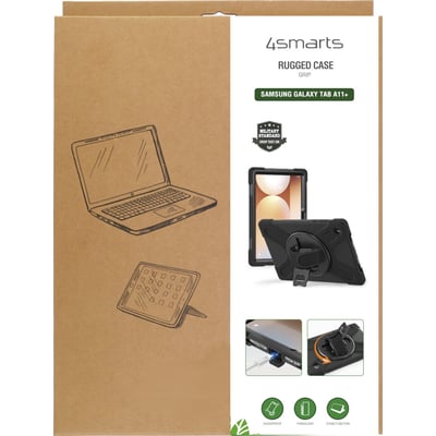 Emballagen til 4smarts Rugged Case Grip viser det sorte cover med håndrem til Samsung Galaxy Tab A11+.