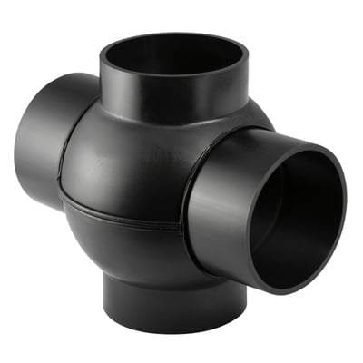 Geberit PEH dobbelt grenrør i sort plast med 75 mm diameter og 180 graders forskudte tilslutninger.